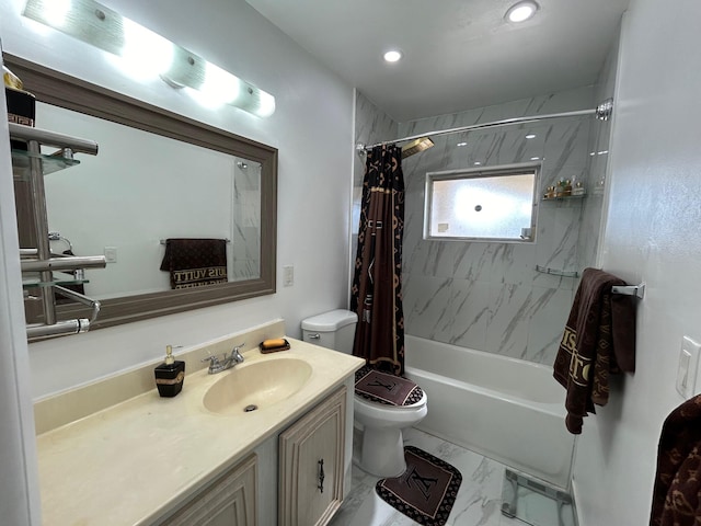 full bathroom with vanity, toilet, and shower / bath combo with shower curtain