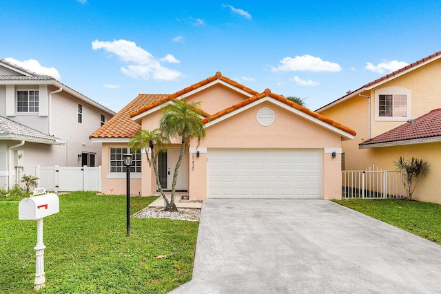 mediterranean / spanish home featuring a garage and a front lawn