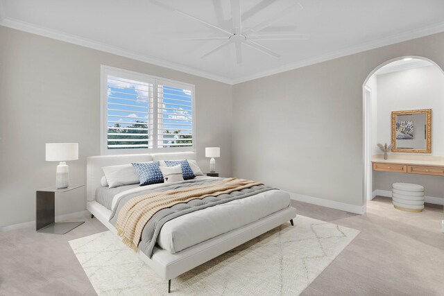 workout area featuring light carpet, crown molding, and ceiling fan