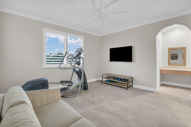 exercise room featuring baseboards, ornamental molding, arched walkways, and light colored carpet