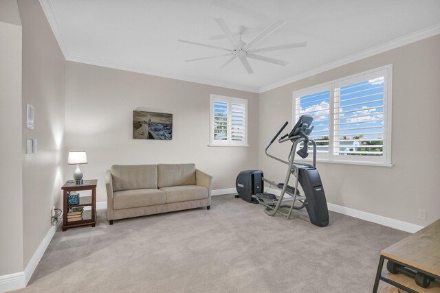 bedroom with light carpet, baseboards, ornamental molding, and ceiling fan