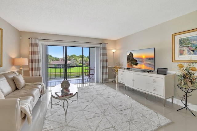 living room featuring a textured ceiling