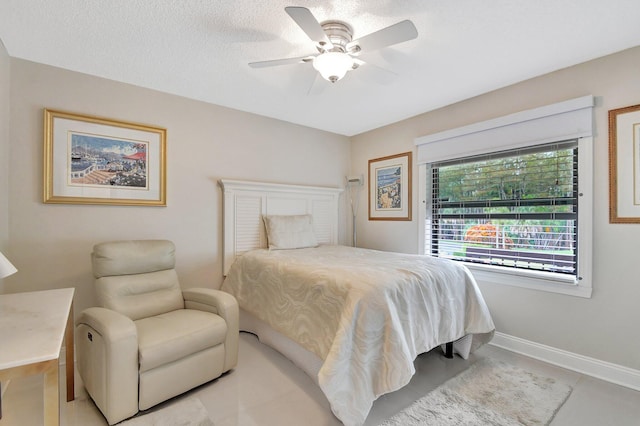 bedroom featuring a textured ceiling and ceiling fan