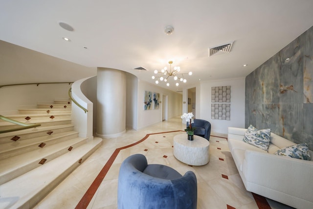 tiled living room featuring an inviting chandelier