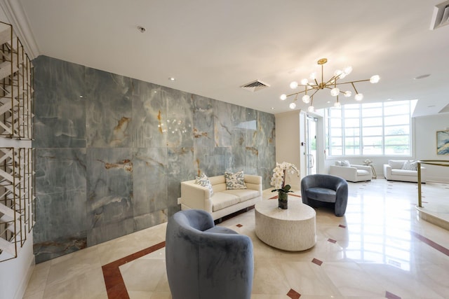 living room featuring tile patterned floors, a notable chandelier, and tile walls