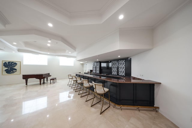 bar featuring a raised ceiling, crown molding, and billiards