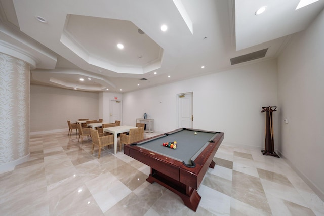 playroom featuring a tray ceiling, ornamental molding, and billiards