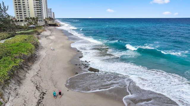 view of water feature with a beach view