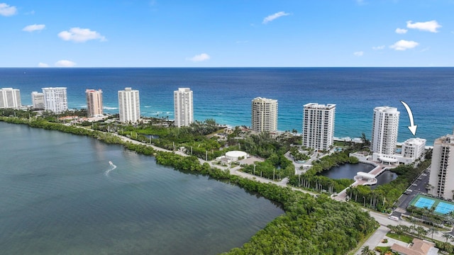 birds eye view of property featuring a water view