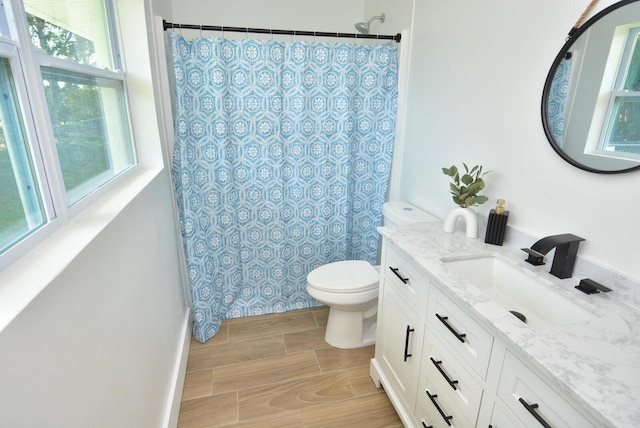 full bathroom featuring toilet, wood finish floors, and vanity