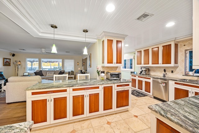 kitchen featuring tasteful backsplash, stainless steel dishwasher, ornamental molding, ceiling fan, and decorative light fixtures