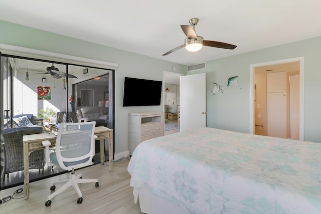 bedroom featuring ceiling fan, light wood-type flooring, and a closet