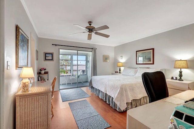 bedroom featuring access to exterior, ceiling fan, light hardwood / wood-style floors, and ornamental molding