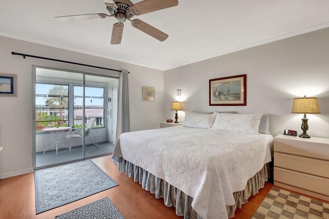 bedroom with wood-type flooring, access to outside, ceiling fan, and ornamental molding