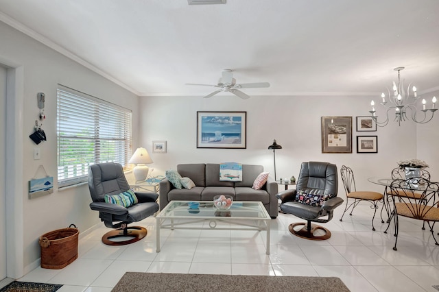 tiled living room featuring ceiling fan with notable chandelier and ornamental molding