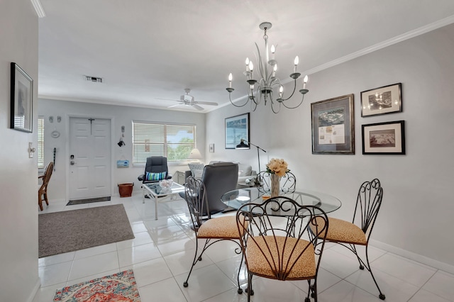 tiled dining room with crown molding and ceiling fan with notable chandelier