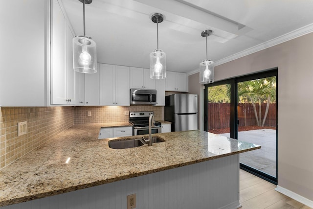 kitchen featuring white cabinets, stainless steel appliances, kitchen peninsula, and decorative backsplash