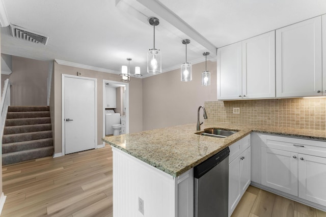 kitchen with kitchen peninsula, dishwasher, white cabinets, and sink