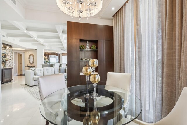 living room with beam ceiling, light tile patterned floors, and coffered ceiling