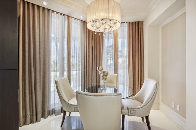 dining room with light tile patterned floors, beam ceiling, coffered ceiling, and a notable chandelier