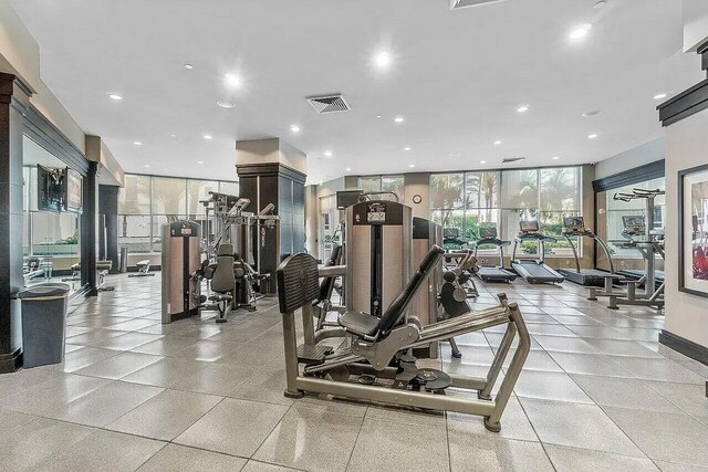 workout area featuring expansive windows and a healthy amount of sunlight