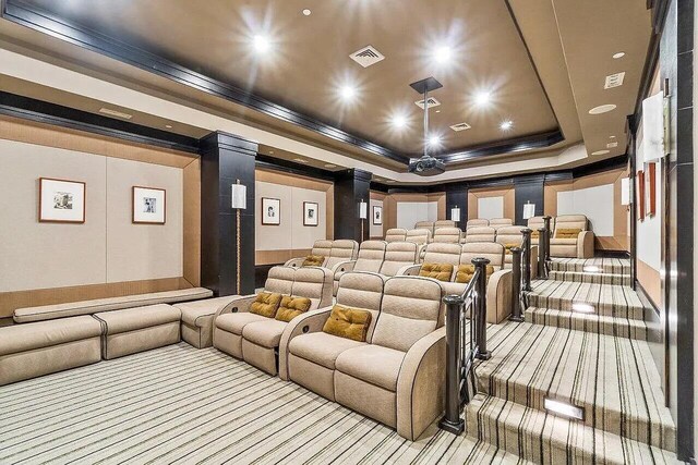 home theater room with a raised ceiling