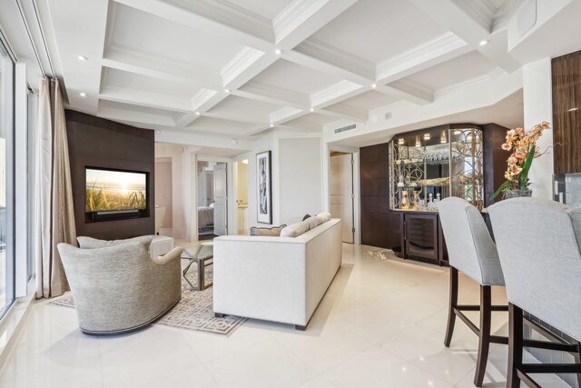 living room featuring beam ceiling, coffered ceiling, and light tile patterned flooring