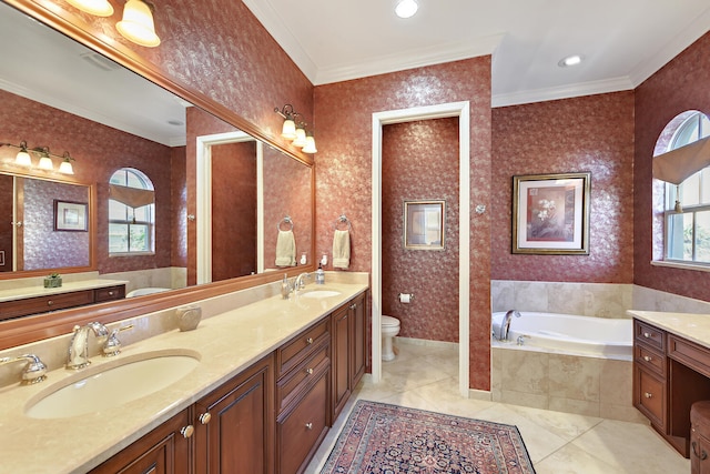 bathroom with tile patterned floors, tiled bath, toilet, and ornamental molding