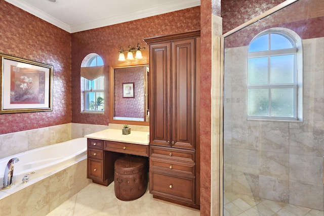 bathroom featuring vanity, a healthy amount of sunlight, ornamental molding, and plus walk in shower