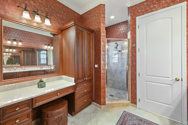 bathroom featuring walk in shower, tile patterned flooring, vanity, and ornamental molding