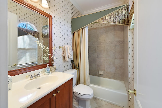 full bathroom featuring tile patterned floors, vanity, shower / tub combo with curtain, crown molding, and toilet