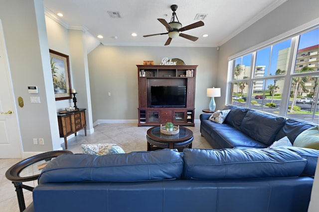 tiled living room with crown molding and ceiling fan