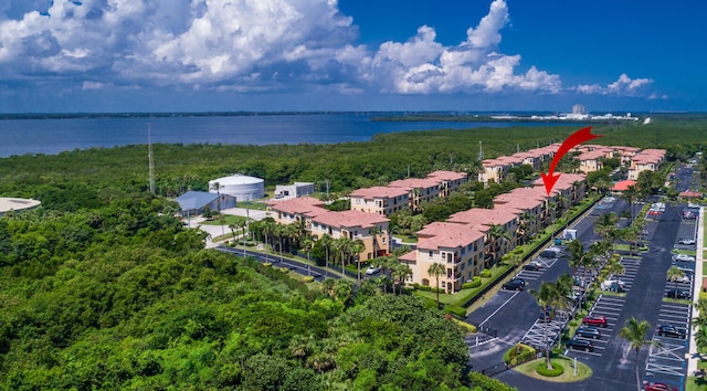 aerial view featuring a water view