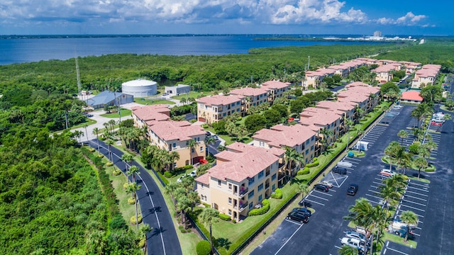 aerial view featuring a water view