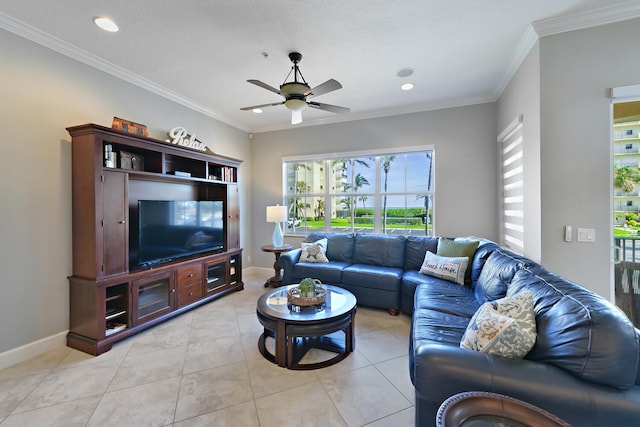 tiled living room with ceiling fan and ornamental molding