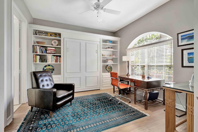 office area featuring ceiling fan and light wood-type flooring