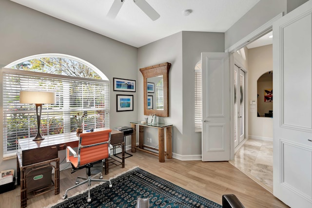 office with ceiling fan and light hardwood / wood-style floors