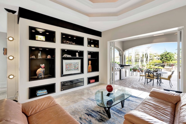 living room with built in shelves