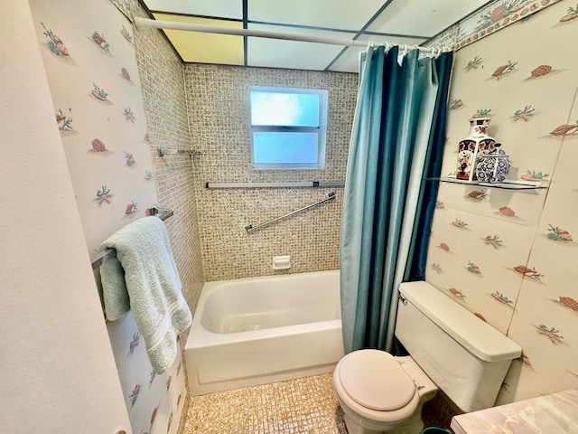 bathroom with toilet and shower / bathtub combination with curtain