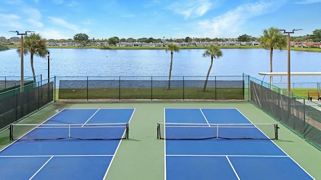 view of sport court with basketball court and a water view