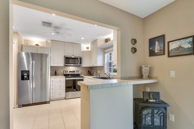 kitchen featuring sink, stainless steel appliances, tile countertops, kitchen peninsula, and white cabinets