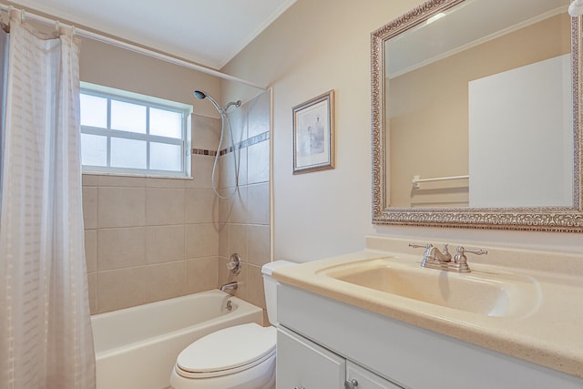 full bathroom featuring crown molding, vanity, shower / bath combination with curtain, and toilet