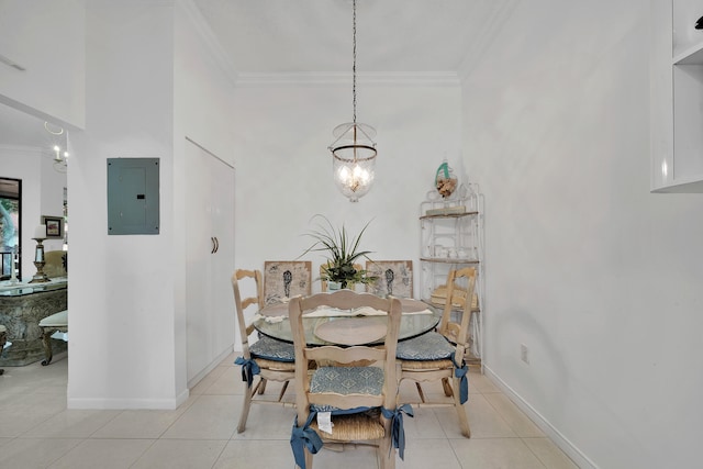 dining room featuring electric panel, crown molding, light tile patterned flooring, and a chandelier