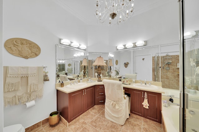 bathroom featuring a notable chandelier, ornamental molding, walk in shower, and vanity