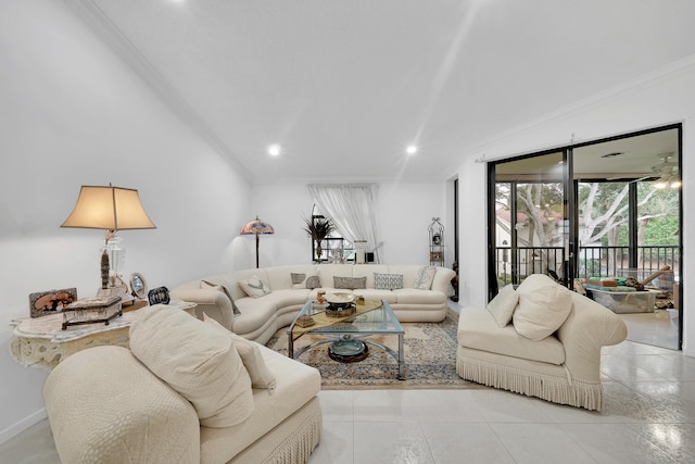 living room featuring light tile patterned floors and ornamental molding