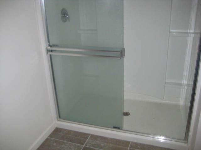 bathroom with a shower with door and tile patterned flooring