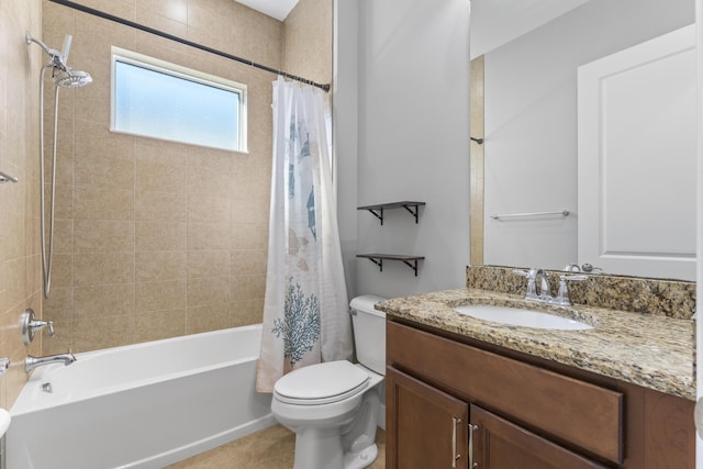 full bathroom with toilet, vanity, shower / tub combo with curtain, and tile patterned flooring