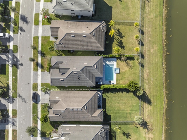 drone / aerial view featuring a water view