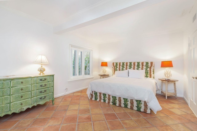 tiled bedroom featuring beam ceiling and crown molding