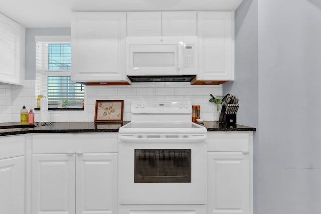 kitchen with white cabinets, white appliances, and backsplash